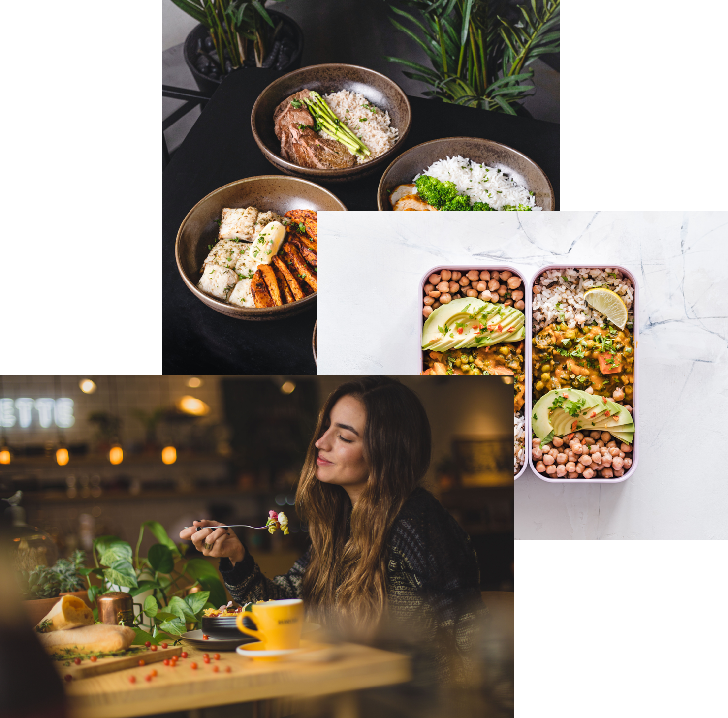 Woman enjoying food, meals ins storage container and food bowls on a table